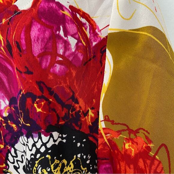 Trina Turk Silk V-Neck Bubble Sleeve Blouse Pink Cream Floral size small - Picture 6 of 7